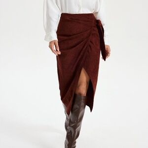 Commense Burgundy Elegant Faux Suede Wrap Skirt